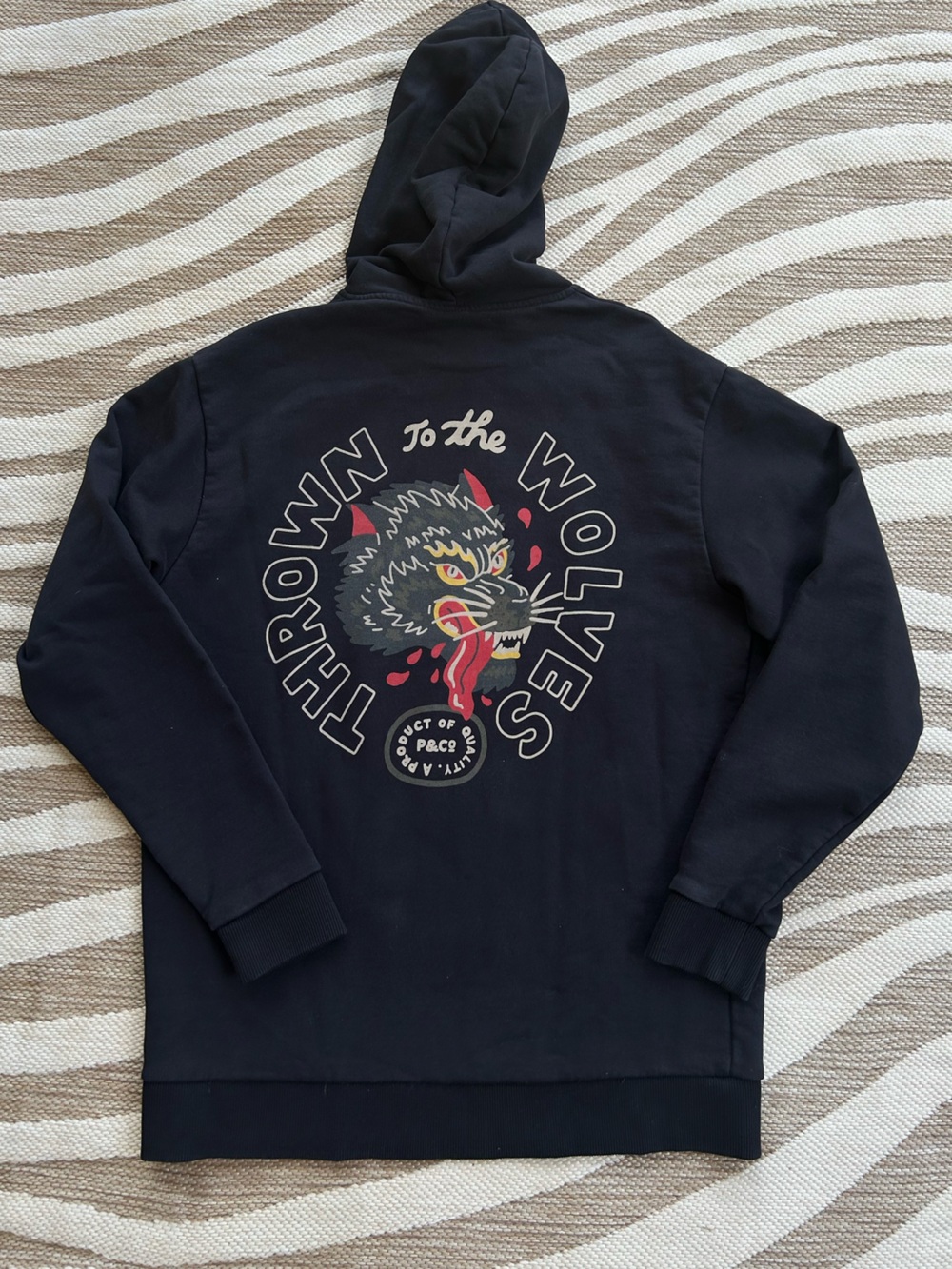 P&Co Mens Thrown To the Wolves Graphic Black Terry cloth Hoodie - Small